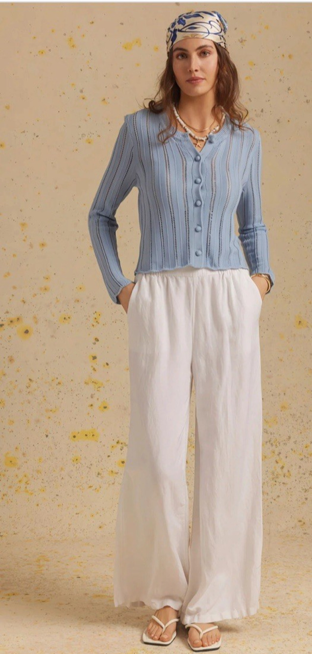 27 Miles Elody Organic Cotton Pointelled Cardigan Womens Small NEW Blue Sweater